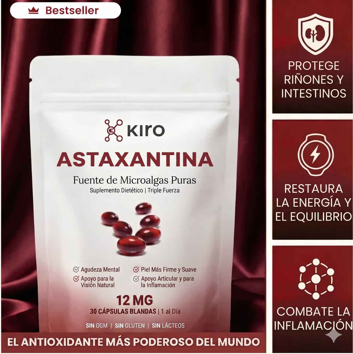 Kiro Astaxantina: combate de forma natural el estrés oxidativo para restaurar el equilibrio por dentro y por fuera.