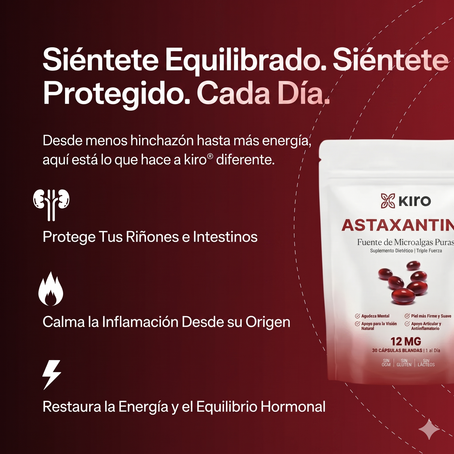 Kiro Astaxantina: combate de forma natural el estrés oxidativo para restaurar el equilibrio por dentro y por fuera.