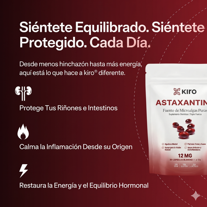 Kiro Astaxantina: combate de forma natural el estrés oxidativo para restaurar el equilibrio por dentro y por fuera.