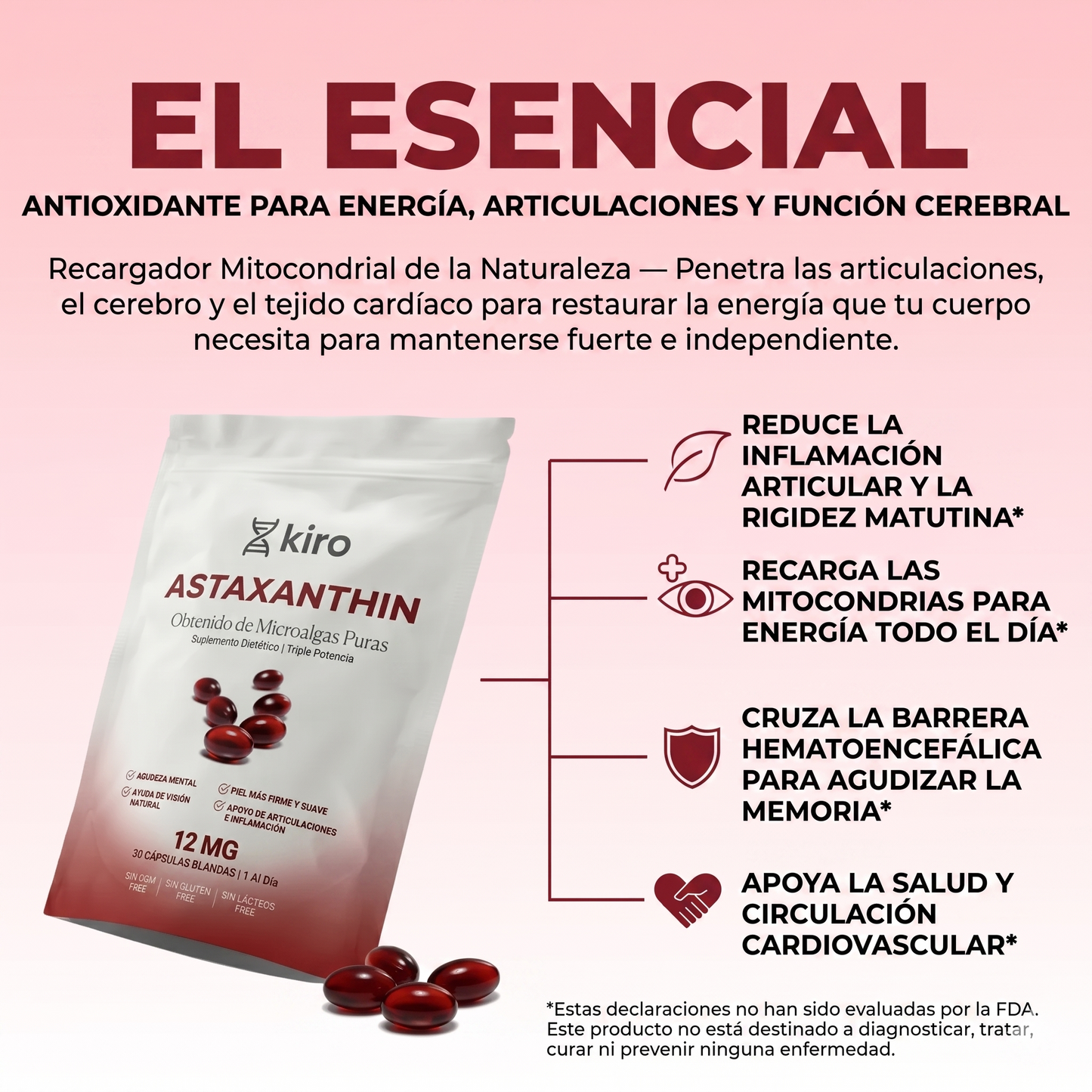 Kiro Astaxantina: combate de forma natural el estrés oxidativo para restaurar el equilibrio por dentro y por fuera.