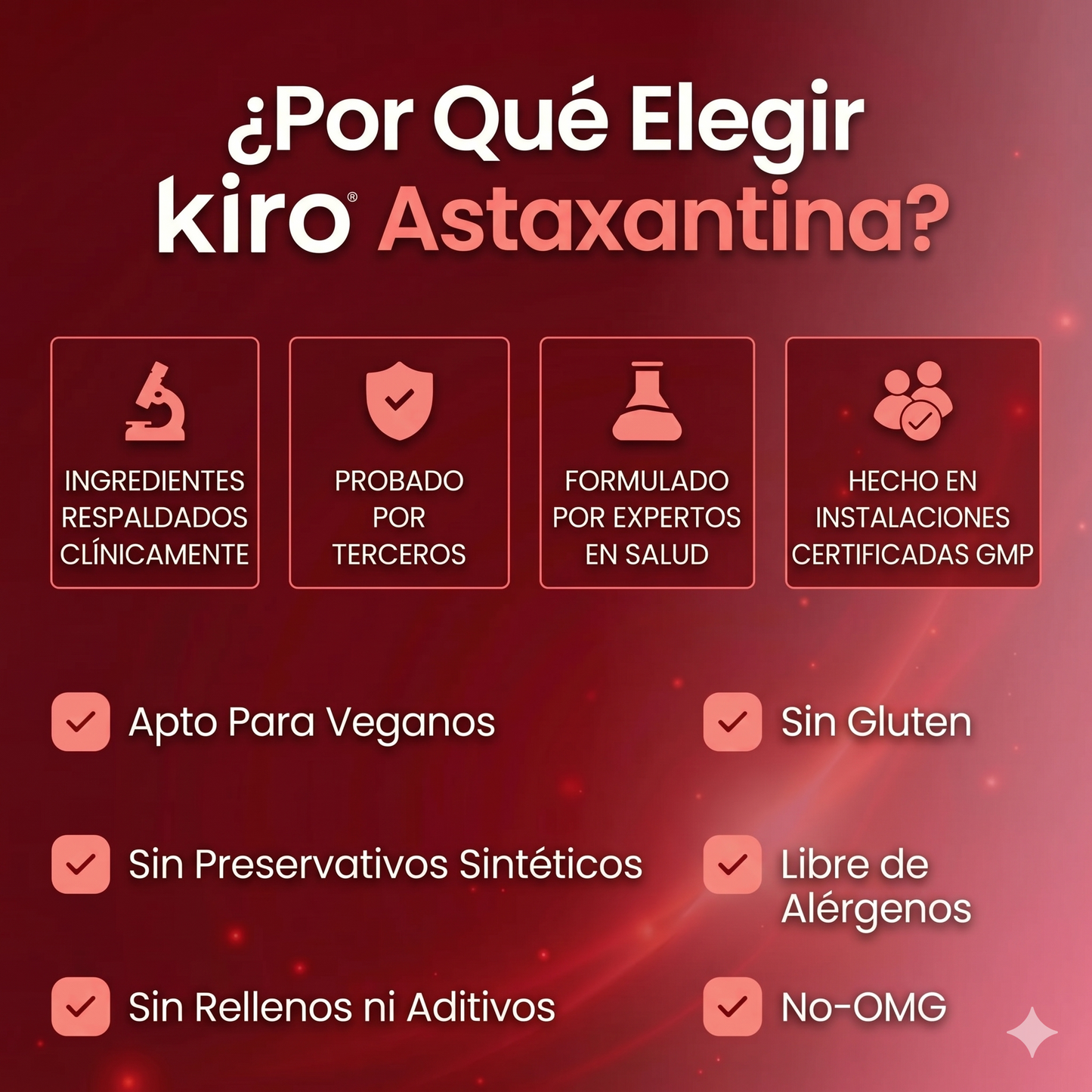 Kiro Astaxantina: combate de forma natural el estrés oxidativo para restaurar el equilibrio por dentro y por fuera.