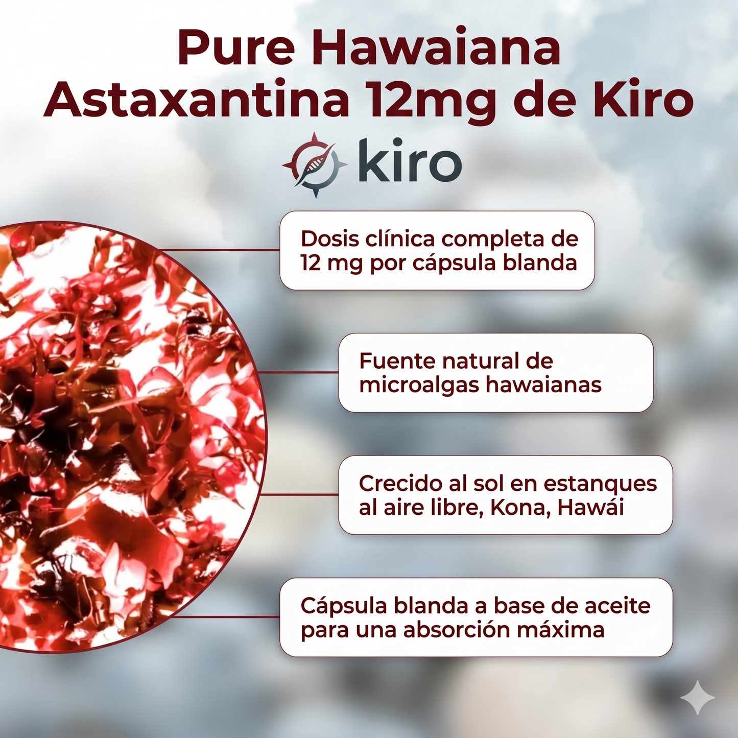 Kiro Astaxantina: combate de forma natural el estrés oxidativo para restaurar el equilibrio por dentro y por fuera.
